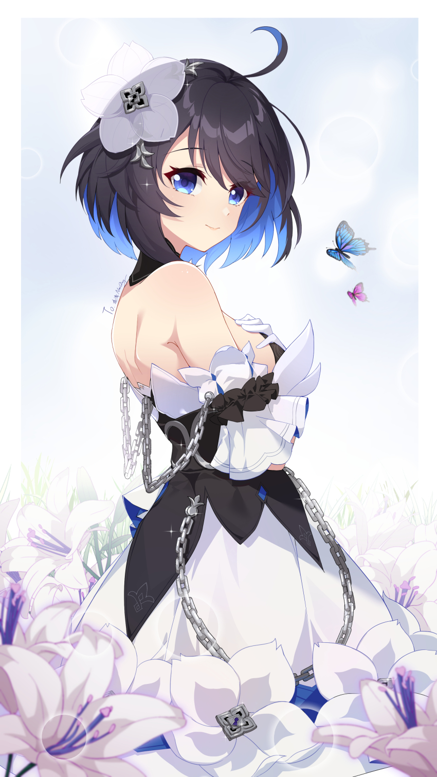 1girl absurdres ai_ke_le_de_xiao_hong backless_dress backless_outfit bare_shoulders black_hair blue_butterfly blue_eyes blue_hair bug butterfly chain closed_mouth colored_inner_hair dress field flower flower_field gloves hair_flower hair_ornament highres insect lily_(flower) looking_at_viewer multicolored_hair pink_butterfly seele_vollerei seele_vollerei_(stygian_nymph) short_hair signature smile sparkle white_dress white_gloves