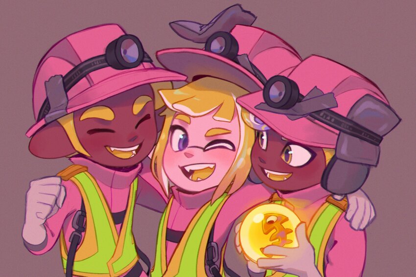 1girl 2boys ^_^ arm_around_shoulder blonde_hair blush brown_background clenched_hand closed_eyes dark-skinned_male dark_skin egg eye_contact facing_another fangs gloves glowing golden_egg_(splatoon) hands_up happy headlamp helmet high-visibility_clothing high-visibility_vest highres holding holding_egg inkling_girl inkling_player_character inkumochi jumpsuit light_blush long_sleeves looking_at_another looking_to_the_side multiple_boys nintendo octoling_boy octoling_player_character one_eye_closed open_mouth pink_helmet pink_jumpsuit purple_eyes salmon_run_(splatoon) short_hair sidelocks simple_background smile splatoon_(series) splatoon_3 standing tape teeth tentacle_hair tentacles upper_body white_gloves yellow_eyes