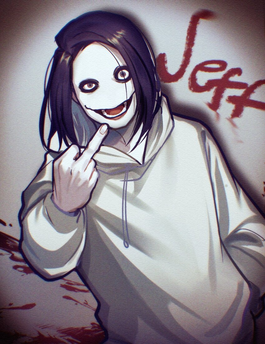 1boy black_hair blood blood_on_wall blood_splatter blood_writing crazy_grin creepypasta glasgow_smile half-closed_eye hand_in_pocket highres hood hood_down hoodie icekana jeff_the_killer looking_at_viewer male_focus medium_hair middle_finger open_mouth solo upper_body white_hoodie wide-eyed
