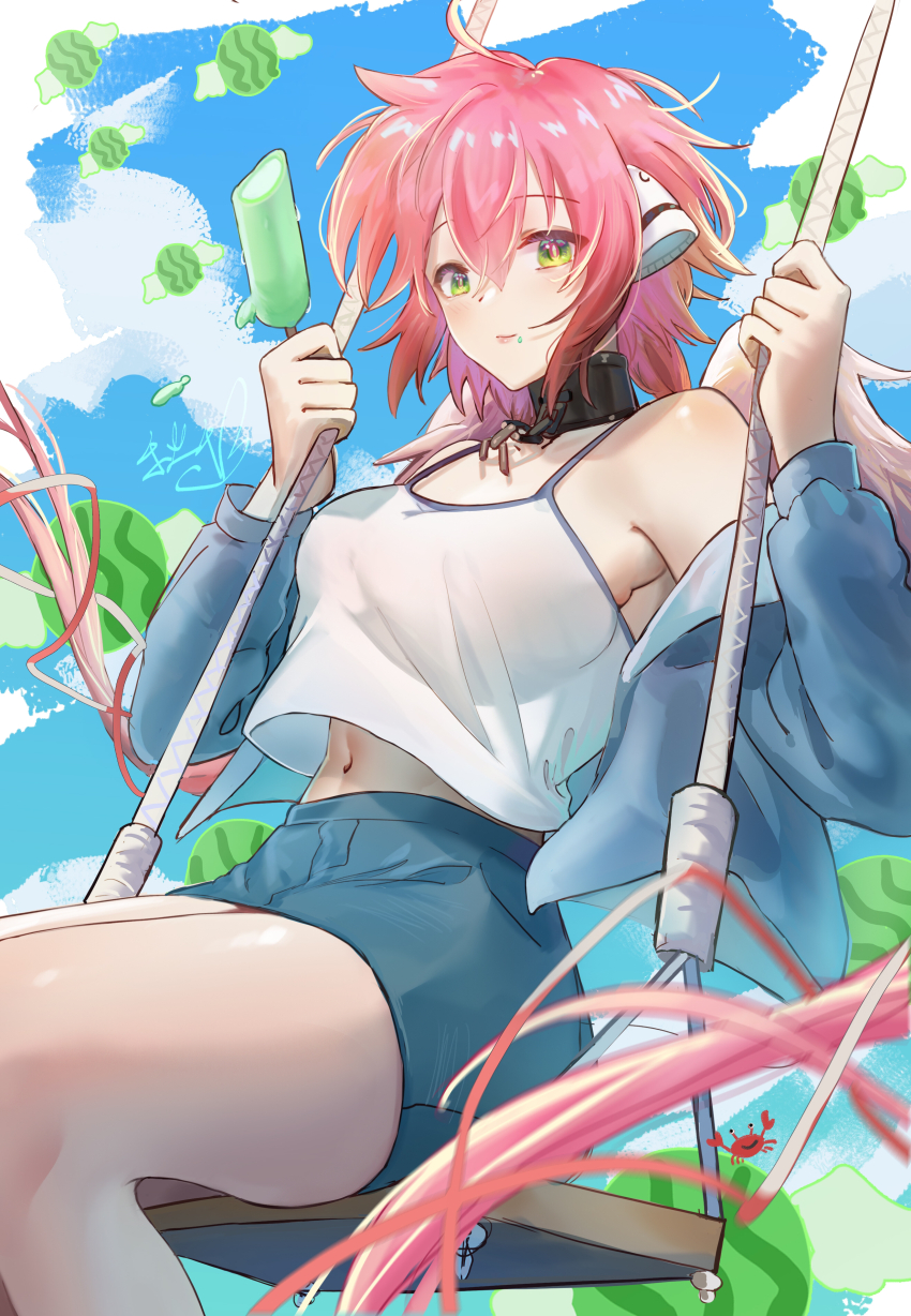 1girl absurdres bare_shoulders black_collar blue_jacket blue_shorts blue_sky breasts chain clear_autumn cloud cloudy_sky collar feathered_wings food fruit green_eyes highres holding holding_food holding_ice_cream holding_popsicle ice_cream ikaros jacket large_breasts lips long_hair looking_at_viewer low_twintails midriff navel on_swing open_clothes open_jacket outdoors pink_hair popsicle robot_ears shorts signature sky solo sora_no_otoshimono swing swinging tank_top twintails watermelon white_tank_top white_wings wings