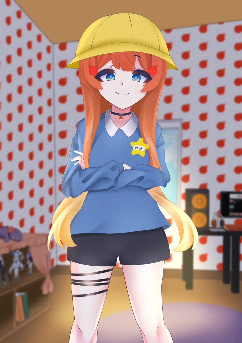 1girl absurdres alternate_costume blue_eyes blurry blurry_background chair commission crossed_arms hat highres indoors kindergarten_uniform long_hair looking_at_viewer miki_hitsugi orange_hair pants shirt shorts solo specialite_en star_(symbol) stuffed_toy table thighs virtual_youtuber