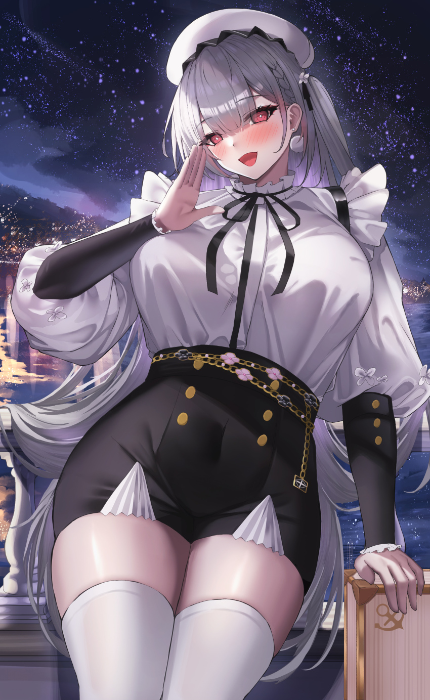 1girl absurdres against_railing alternate_costume azur_lane black_skirt black_sleeves breasts earrings frills grey_hair hat highres jewelry kirisamede_gzr large_breasts long_hair long_sleeves looking_at_viewer miniskirt night open_mouth outdoors puffy_sleeves railing red_eyes scylla_(azur_lane) shirt skirt sky solo star_(sky) starry_sky thighhighs two-tone_sleeves very_long_hair white_hat white_shirt white_sleeves white_thighhighs zettai_ryouiki