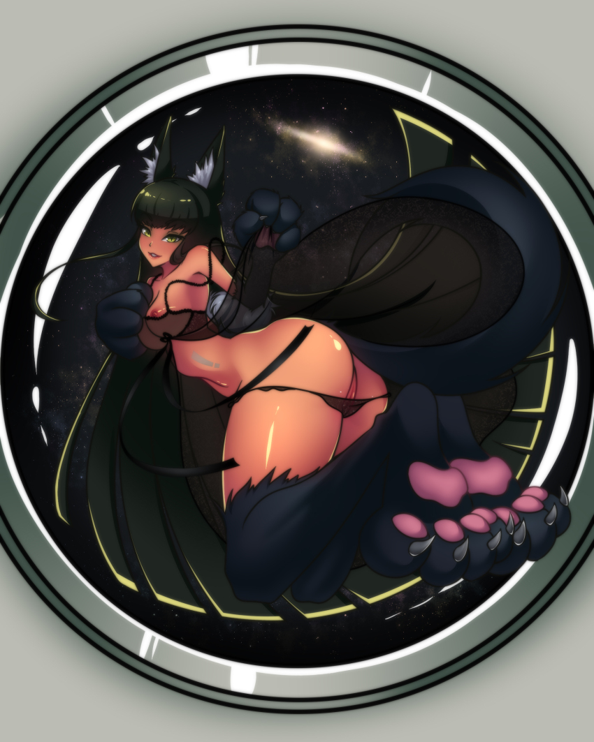1girl animal_ear_fluff animal_ears animal_hands anubis_(monster_girl_encyclopedia) ass bad_anatomy black_hair bra breasts dark-skinned_female dark_skin dog_ears dog_paws dog_tail floating functionally_nude galaxy green_eyes highres huge_ass jackal_ears jackal_paws jackal_tail lingerie loen long_hair looking_at_viewer monster_girl monster_girl_encyclopedia nightgown nude open_clothes panties panties_around_leg pussy revealing_clothes see-through_clothes slit_pupils small_breasts smile space star_(sky) tail thick_thighs thighs underwear variant_set very_long_hair wide_hips window zero_gravity