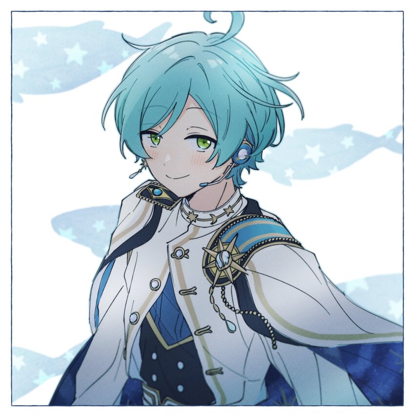 1boy arms_at_sides bishounen blur_layer border closed_mouth earrings ensemble_stars! film_grain fish_background green_eyes headset highres idol_clothes jewelry light_blush light_smile looking_at_viewer male_focus rei_(uupaa3) shinkai_kanata sideways_glance single_earring solo split_mouth upper_body white_background white_border