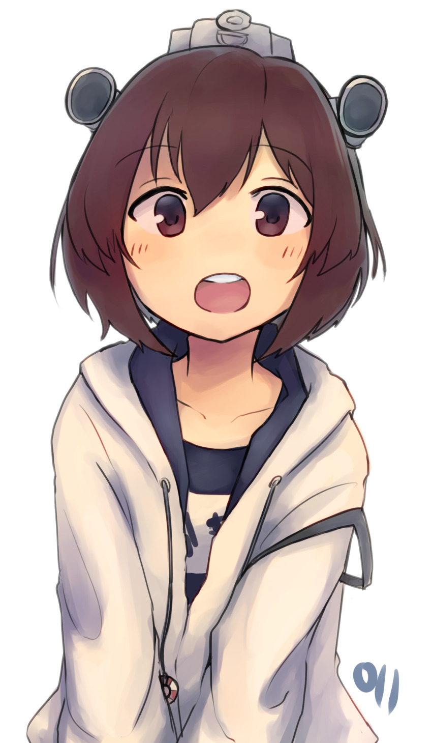 1girl :o absurdres blue_jacket blue_one-piece_swimsuit blush brown_eyes brown_hair collarbone commentary_request double-parted_bangs drawstring hair_between_eyes headgear highres hood hood_down hooded_jacket jacket kantai_collection lifebuoy_ornament looking_at_viewer ma_rukan medium_hair name_tag one-piece_swimsuit open_mouth school_swimsuit signature simple_background solo swimsuit teeth two-sided_fabric two-sided_jacket upper_body upper_teeth_only white_background white_jacket yukikaze_(kancolle) yukikaze_(swimsuit)_(kancolle)