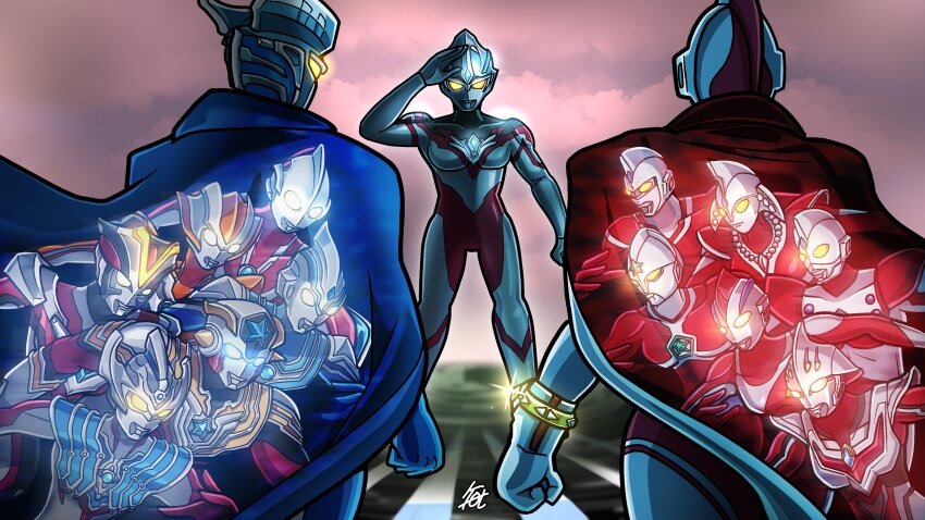 3boys absurdres alien cape color_timer glowing glowing_eyes highres kaette_kita_ultraman looking_at_viewer multiple_boys no_humans open_hands shafuu_(arrowww12ga) standing sunset the_ultraman_(anime) tokusatsu ultra_galaxy_(series) ultra_galaxy_fight:_new_generation_heroes ultra_galaxy_fight:_the_absolute_conspiracy ultra_galaxy_fight:_the_destined_crossroad ultra_series ultraman:_the_adventure_begins ultraman_arc ultraman_arc_(series) ultraman_chuck ultraman_fuma ultraman_ginga_(series) ultraman_ginga_s ultraman_jack ultraman_joneus ultraman_nexus ultraman_nexus_(series) ultraman_nexus_junis ultraman_nice ultraman_nice_(series) ultraman_r/b ultraman_ribut ultraman_scott ultraman_taiga ultraman_taiga_(series) ultraman_titas_(ultraman_taiga) ultraman_victory ultraman_zero ultrawoman_beth ultrawoman_grigio yellow_eyes
