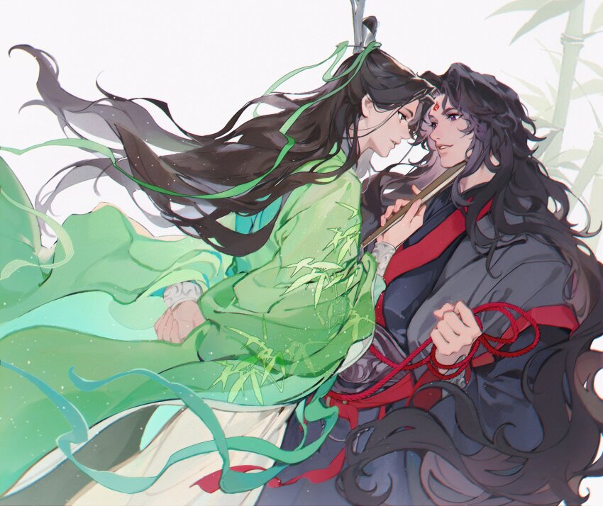 2boys absurdres al_(ahr) arm_behind_back bamboo black_hair black_hanfu chinese_clothes chinese_commentary eye_contact folded_fan folding_fan green_hanfu green_ribbon hair_bun hand_fan hanfu highres holding holding_fan holding_rope long_hair long_sleeves looking_at_another luo_binghe male_focus multiple_boys parted_lips purple_eyes red_ribbon red_rope renzha_fanpai_zijiu_xitong ribbon ribboned_xiao_guan rope shen_qingqiu smile standing white_background wide_sleeves xiao_guan_(headdress) yaoi zuiyin