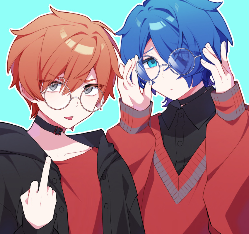 2boys :| adjusting_eyewear aqua_background belt_collar black_choker black_jacket black_shirt blue_eyes blue_hair chinese_commentary choker closed_mouth collar collared_shirt commentary_request eyes_visible_through_hair grey_eyes highres jacket kajiyama_fuuta looking_at_viewer male_focus middle_finger milgram multiple_boys orange_hair outline red_shirt red_sweater sakurai_haruka_(milgram) shirt sweater teardrop-framed_glasses tongue tongue_out upper_body v-shaped_eyebrows white_outline yingwux1
