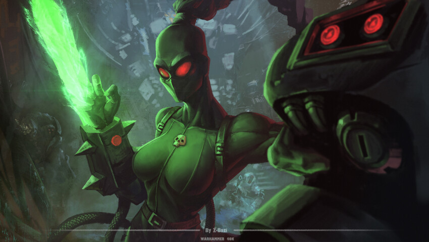 1boy 1girl alien armor artist_name assassin assassination belt black_bodysuit bodysuit breasts callidus glowing glowing_eyes glowing_sword glowing_weapon grabbing_another&#039;s_chin hand_on_another&#039;s_chin highres holding holding_weapon large_breasts long_hair officio_assassinorum power_sword red_eyes single_vambrace skin_tight spiked_armor t&#039;au toned toned_female vambraces warhammer_40k weapon zhang_bozi