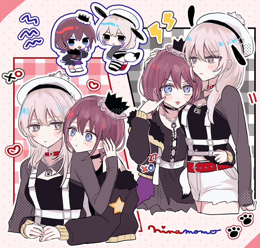 1girl 2girls absurdres belt black_collar black_jacket black_shirt blue_eyes collar girls_band_cry grey_eyes grey_hair hamchan69 hand_on_another&#039;s_head hat heart highres hug hug_from_behind iseri_nina jacket jewelry kawaragi_momoka key key_necklace lock_necklace long_hair long_sleeves multiple_girls necklace red_collar red_hair shirt short_twintails shorts tongue tongue_out twintails white_hat white_shorts yuri