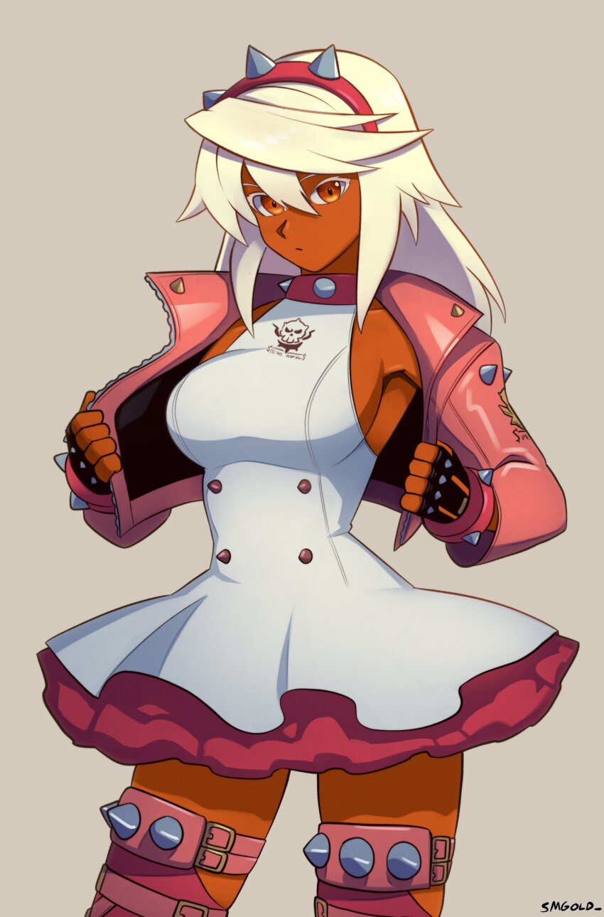 1girl absurdres alternate_costume artist_name blonde_hair bracelet breasts brown_eyes collar collarbone cosplay dark-skinned_female dark_skin dress elphelt_valentine elphelt_valentine_(cosplay) guilty_gear guilty_gear_strive hairband highres jewelry long_hair looking_at_viewer medium_breasts ramlethal_valentine simple_background smgold solo spiked_bracelet spiked_collar spiked_hairband spiked_jacket spiked_thighlet spikes thighlet white_dress