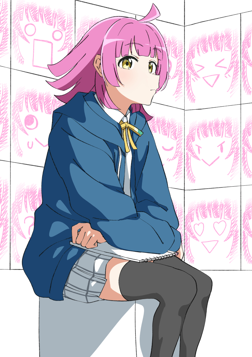 1girl absurdres ahoge black_thighhighs blue_jacket blunt_bangs blunt_ends closed_mouth commentary feet_out_of_frame highres hood hooded_jacket jacket kishimen_hair long_sleeves looking_at_viewer love_live! love_live!_nijigasaki_high_school_idol_club miniskirt neck_ribbon nijigasaki_school_uniform open_clothes open_jacket pink_hair plaid_clothes plaid_skirt pleated_skirt ribbon rina-chan_board school_uniform shirt sidelocks sitting sketchbook skirt solo tennoji_rina thighhighs uchuu_no_mozuku white_shirt white_skirt winter_uniform yellow_eyes yellow_ribbon zettai_ryouiki