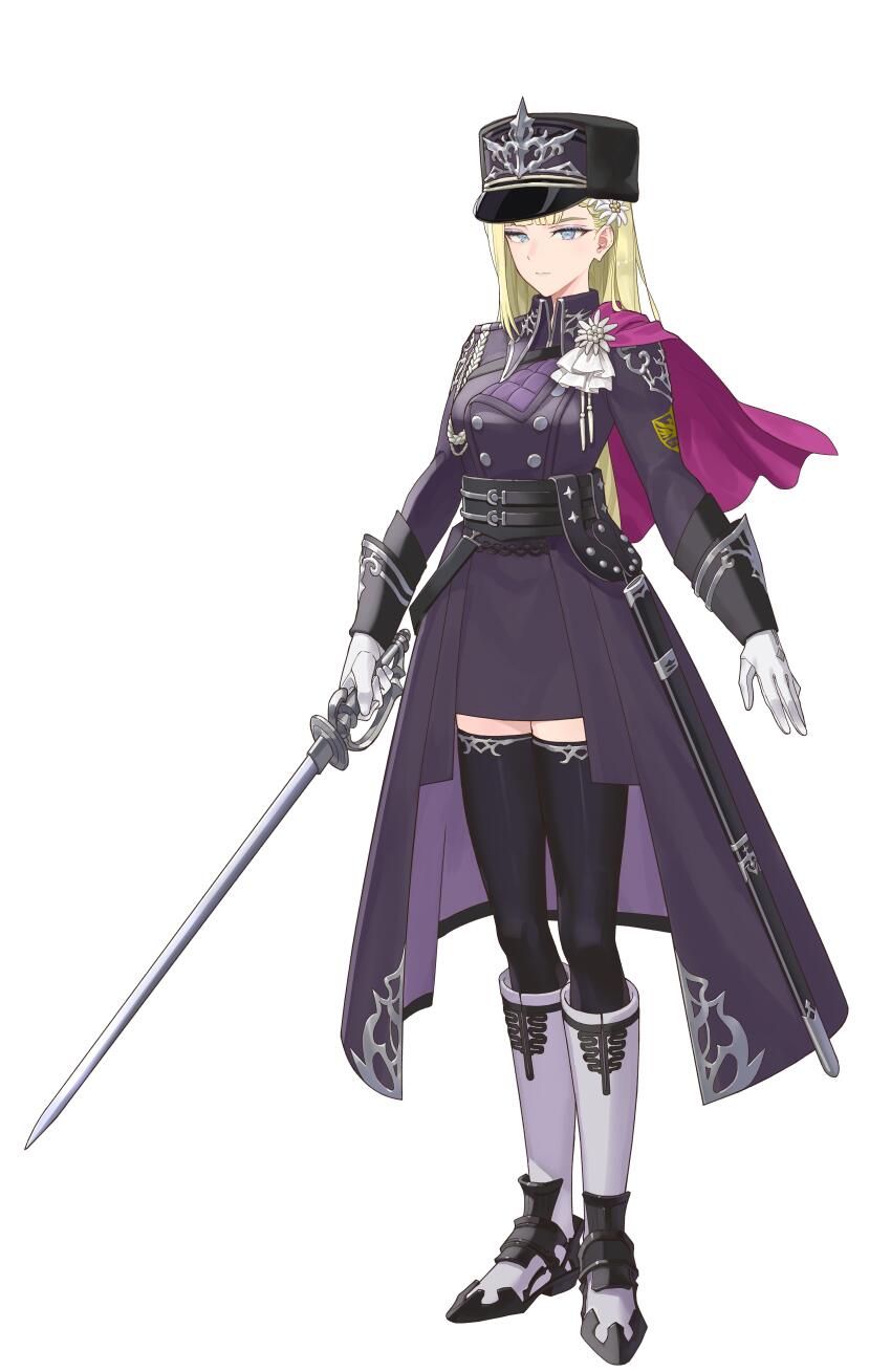 1girl absurdres artist_request black_coat black_hat black_skirt black_thighhighs blonde_hair blue_eyes boots buttons clarice_(rune_factory) closed_mouth coat full_body gloves hat highres holding holding_sword holding_weapon long_hair long_sleeves looking_at_viewer military_uniform miniskirt official_art rune_factory rune_factory:_guardians_of_azuma sash sheath skirt solo standing sword thighhighs transparent_background weapon white_boots white_gloves