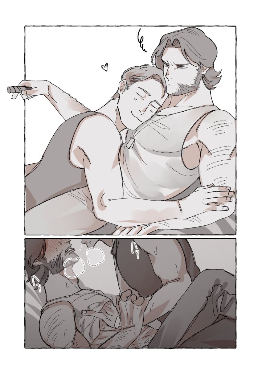2boys :3 after_kiss arm_hair blush cigar closed_eyes closed_mouth commentary_request deadpool facial_hair grabbing_another&#039;s_arm hand_under_clothes highres holding holding_cigar large_pectorals looking_at_another lying lying_on_person male_focus marvel multiple_boys muscular muscular_male pants pectoral_pillow pectoral_press pectorals saliva saliva_trail sleeveless sweat tank_top tongue tongue_out wolverine_(x-men) wonpese x-men x-men_film_series x-men_origins:_wolverine yaoi