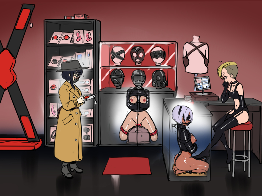 4girls asymmetrical_hair bdsm black_gloves black_hair black_thighhighs blindfold blonde_hair bondage bondage_outfit boots bound bound_arms breastless_straitjacket breasts cash_register center_opening collar counter crossed_arms cupless_leotard dark-skinned_female dark_skin disguise elbow_gloves eudetenis female_focus forced_orgasm gagged garter_straps gimp_mask gloves hat high_heel_boots high_heels highres indoors kneeling long_coat mask medium_breasts mouth_mask multiple_girls navel nipples object_insertion original restrained riding_machine second-party_source sex_machine shop short_hair short_hair_with_long_locks sidecut straitjacket sybian thighhighs undercut vaginal vaginal_object_insertion white_hair x-ray yuri