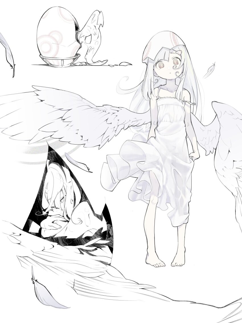 1girl arms_at_sides bad_id bad_twitter_id barefoot bird_girl closed_mouth dress egg eggshell_hat expressionless falling_feathers feathered_wings feathers flat_chest hair_ornament hairclip hatching head_tilt highres hugging_own_legs long_hair looking_at_viewer marimoto_(marimoto_koppe) multiple_views original red_eyes simple_background sleeveless sleeveless_dress slime_(substance) spaghetti_strap standing strap_slip white_dress white_hair white_wings wings