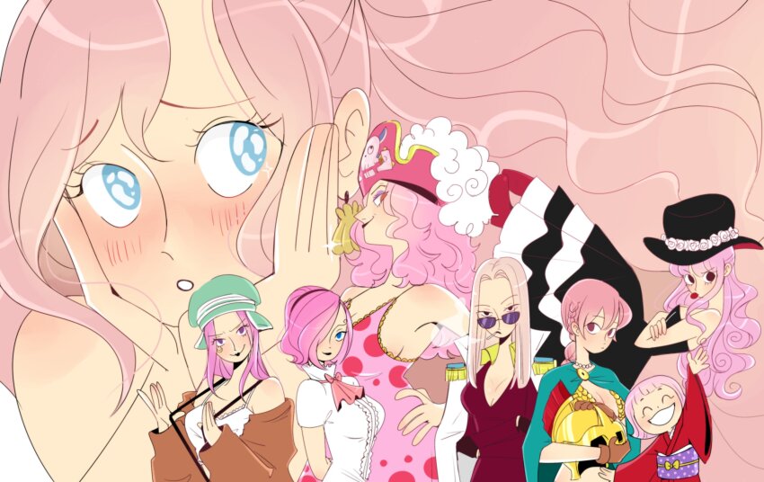 6+girls aqua_hat blue_eyes blunt_bangs brown_jacket cesel charlotte_linlin child cigar coat coat_on_shoulders dress earrings epaulettes eyelashes flower flying giant giantess hair_over_one_eye hand_on_own_hip hat hat_flower highres hina_(one_piece) holding_unworn_helmet jacket jewelry jewelry_bonney long_hair looking_at_viewer multiple_girls one_piece perona pink_dress pink_hair pirate_hat ponytail purple-tinted_eyewear purple_sash rebecca_(one_piece) sash shell shell_earrings shirahoshi short_hair sidelocks smoke sunglasses suspenders swept_bangs tinted_eyewear toko_(one_piece) tongue tongue_out vinsmoke_reiju wide_sleeves