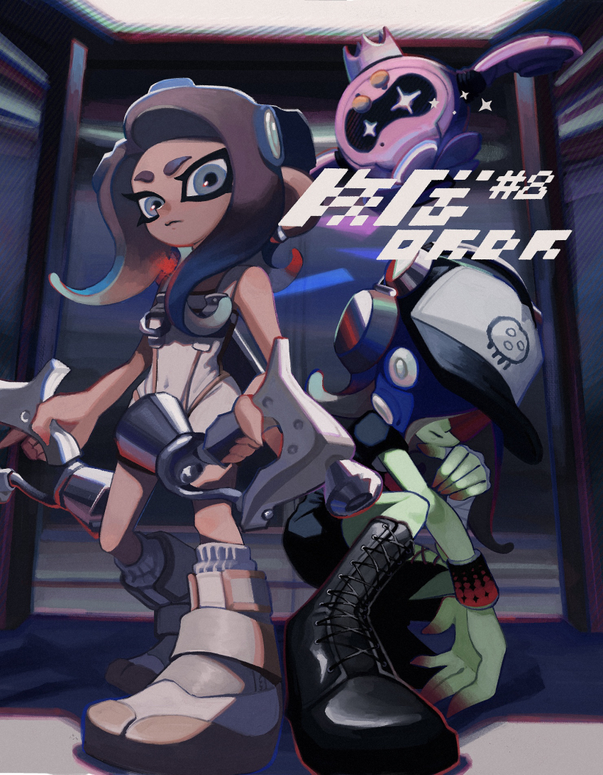 2girls agent_8_(splatoon) bandaged_arm bandages bare_shoulders baseball_cap black_dress black_footwear blue_hair bodysuit boots bracelet brown_hair closed_mouth commentary covered_navel dedf1sh dress drone dual_wielding elevator english_commentary full_body gradient_hair green_skirt grey_eyes hair_over_one_eye hat headphones headphones_over_headwear highres holding holding_weapon jewelry ka1_(k4k37) lace-up_boots medium_hair multicolored_hair multiple_girls nintendo non-humanoid_robot octoling octoling_girl octoling_player_character order_dualies_(splatoon) parted_bangs pearl_(splatoon) pearl_drone_(splatoon) red-tinted_eyewear red_hair robot sanitized_(splatoon) skirt sleeveless sleeveless_bodysuit socks splatoon_(series) splatoon_3 splatoon_3:_side_order suction_cups sunglasses tentacle_hair tinted_eyewear two-tone_hair weapon white_bodysuit white_footwear white_socks
