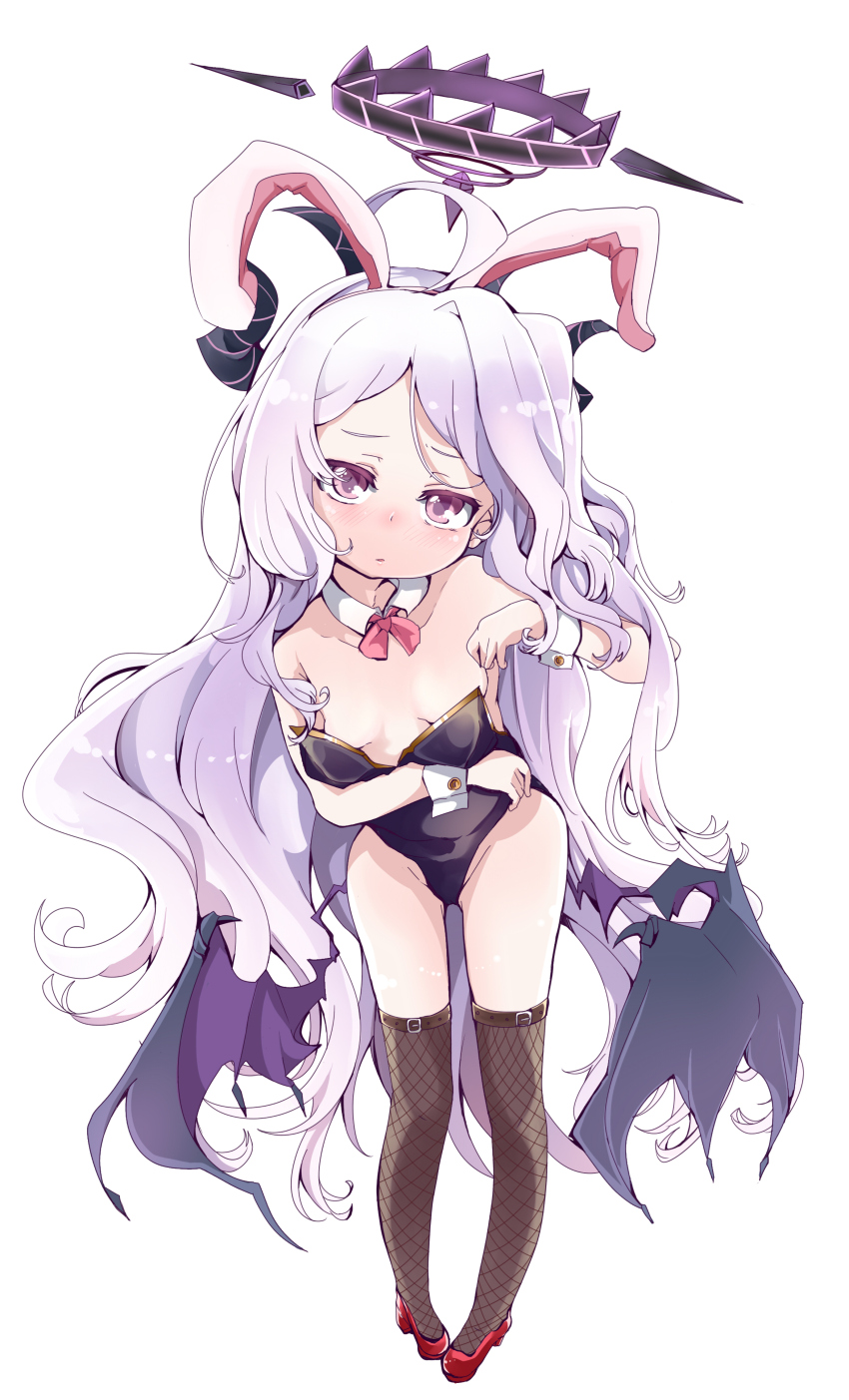 1girl absurdres adjusting_clothes ahoge alternate_costume animal_ears arm_under_breasts armpits bare_shoulders black_leotard blue_archive bow bowtie breasts cleavage collarbone commentary_request demon_girl demon_horns demon_wings detached_collar fake_animal_ears fishnet_thighhighs fishnets full_body groin hairband halo head_tilt highleg highleg_leotard highres hina_(blue_archive) horns leaning_forward leotard long_hair looking_at_viewer oversized_breast_cup parted_bangs playboy_bunny purple_eyes rabbit_ears red_bow red_bowtie shi_ecchi sidelocks simple_background sleeveless small_breasts solo standing strapless strapless_leotard thighhighs very_long_hair wavy_hair white_background white_hair wings wrist_cuffs