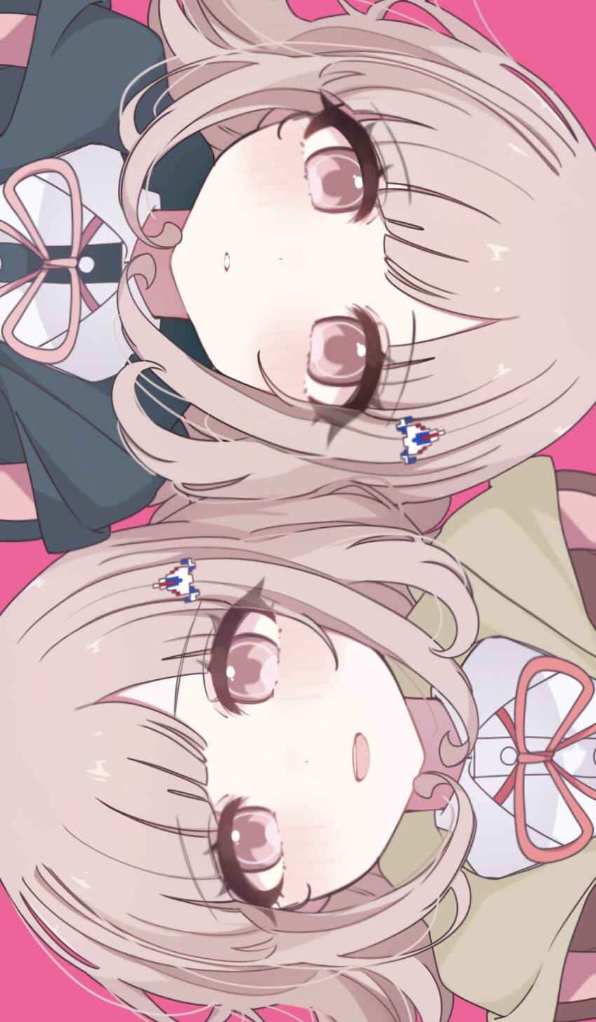 2girls :d chi_gu danganronpa_(series) danganronpa_2:_goodbye_despair dress_shirt dual_persona galaga highres hood hood_down hope&#039;s_peak_academy_school_uniform jacket medium_hair multiple_girls nanami_chiaki neck_ribbon open_mouth pink_eyes pink_ribbon red_ribbon ribbon school_uniform shirt smile spaceship_hair_ornament teeth white_shirt