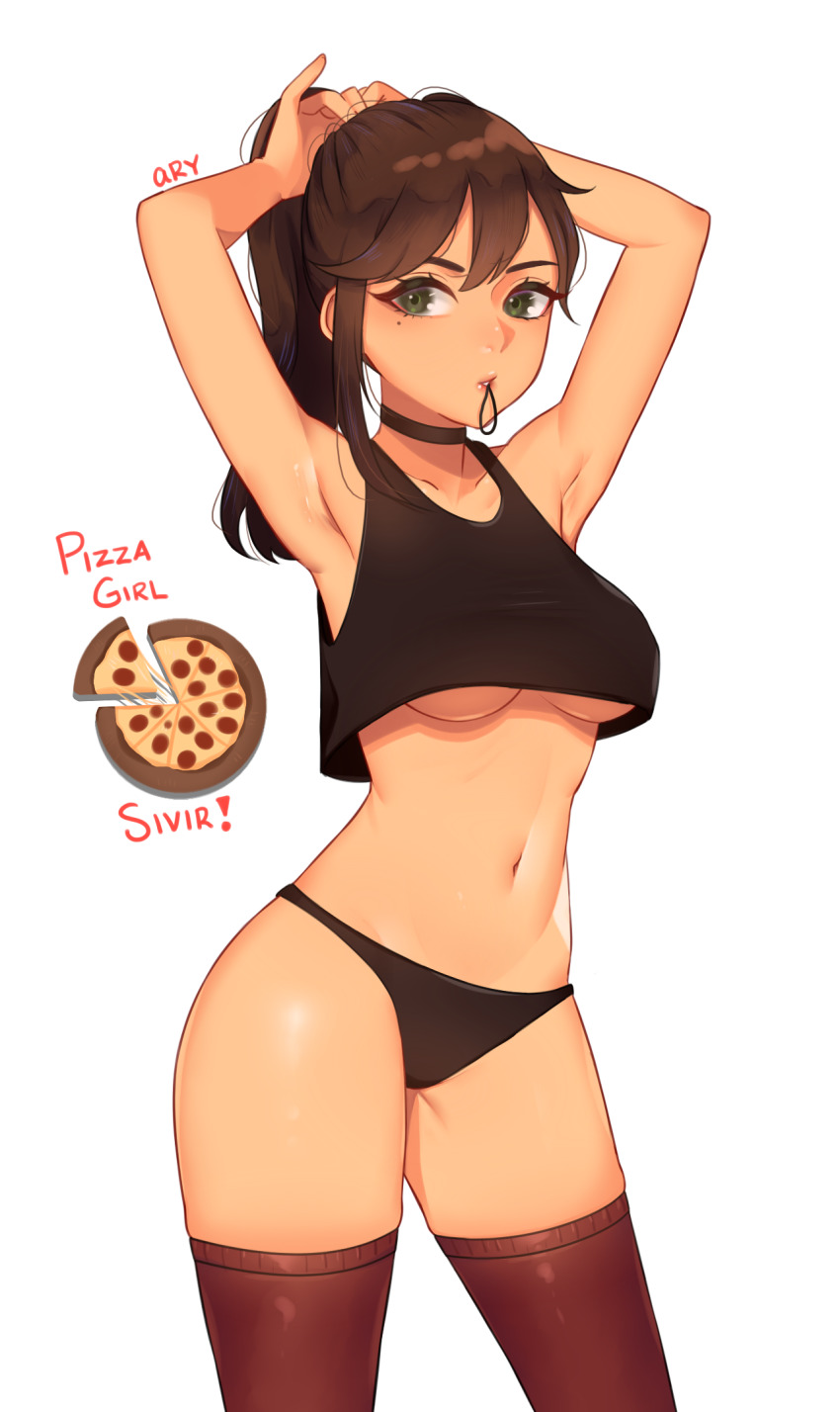 1girl armpits arms_up artist_name arynah black_choker black_panties brown_hair brown_thighhighs character_name choker commentary crop_top english_commentary hair_tie_in_mouth highres league_of_legends looking_at_viewer mole mole_under_eye mouth_hold navel panties pizza_delivery_sivir ponytail sidelocks simple_background sivir solo thighhighs underwear white_background