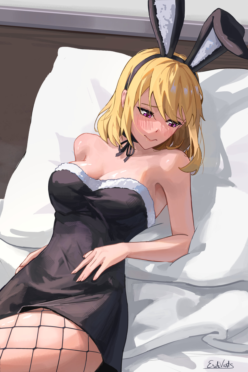 1girl absurdres animal_ears averting_eyes black_dress blonde_hair blush breasts cha_hae-in commentary dress english_commentary erikvarts fake_animal_ears fishnet_pantyhose fishnets hair_in_own_mouth highres indoors large_breasts leotard loose_hair_strand lying on_back on_bed pantyhose playboy_bunny purple_eyes rabbit_ears short_hair signature solo solo_leveling strapless strapless_dress