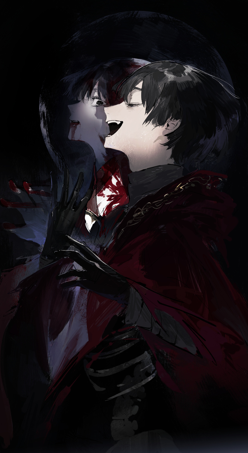 2boys absurdres asahi_sas_brutus black_background black_eyes black_gloves black_hair blood blood_from_mouth chinese_commentary commentary different_reflection fandaniel final_fantasy final_fantasy_xiv gloves highres laughing male_focus meru02295238 multiple_boys open_mouth red_robe reflection ribs robe short_hair simple_background smeared_blood upper_body