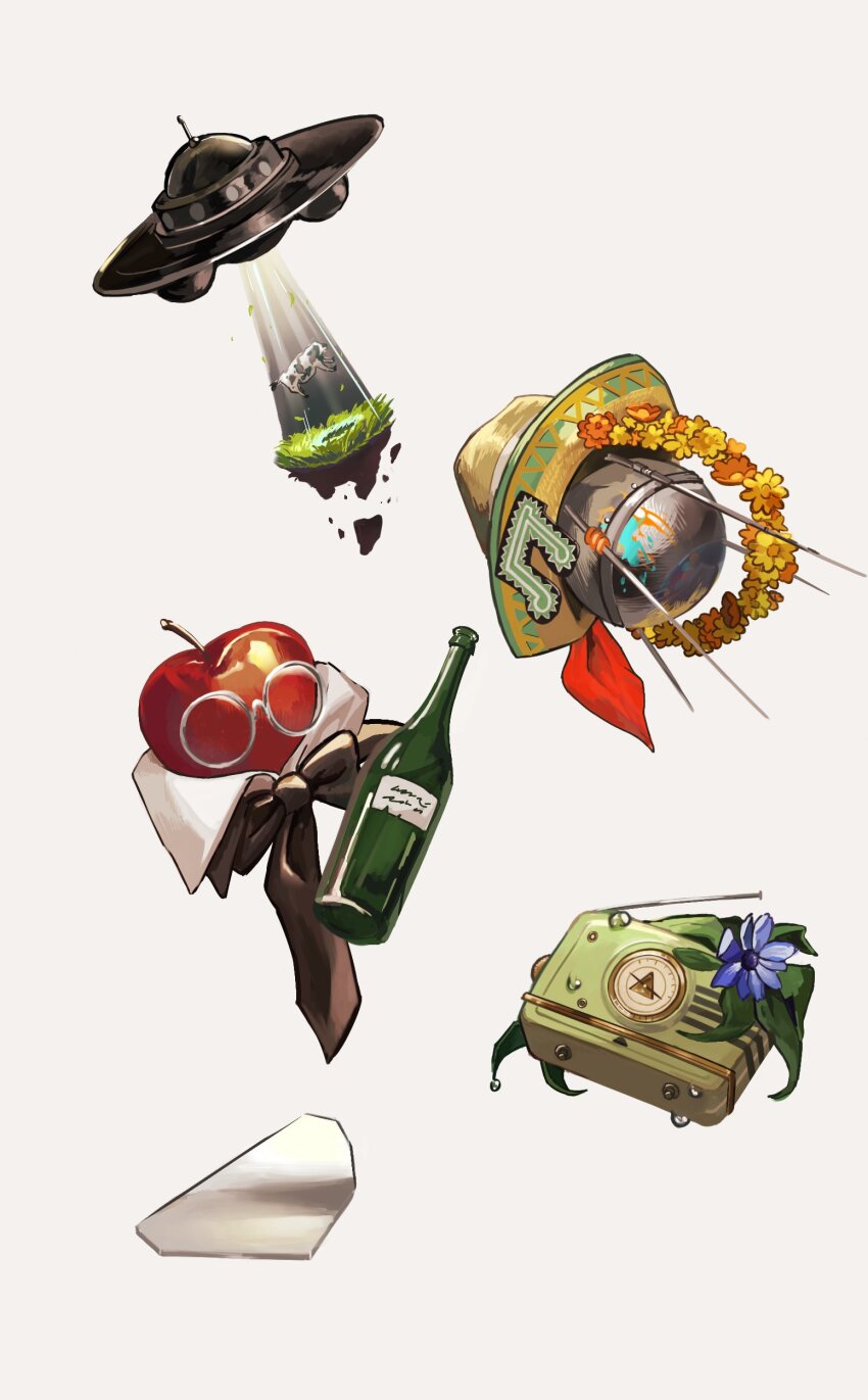 absurdres alien_t apple apple_(reverse:1999) black_bow black_bowtie blue_flower bow bowtie brown_hat cow cup door_(reverse:1999) drinking_glass flower flower_wreath flying_saucer food fruit glass_shards glasses grass hat hat_ornament highres making-of_available mirror ms._radio musical_note_hat_ornament no_humans object_focus official_alternate_costume orange_flower paint_splatter radio reverse:1999 round_eyewear satellite shards spacecraft sputnik sputnik_(reverse:1999) still_life straw_hat towano_(0qjftwn) tractor_beam ufo white_background wine_glass yellow_flower