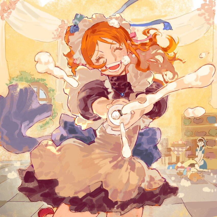 1boy 2girls antlers apron back_ribbon black_dress blue_ribbon closed_eyes commentary_request cowboy_shot dress facing_viewer high_ponytail highres horns indoors long_hair lying maid maid_apron maid_headdress multiple_girls nami_(one_piece) nico_robin official_alternate_costume on_back one_piece open_mouth orange_hair ponytail pov reindeer_antlers reindeer_boy revision ribbon siyangou49 solo_focus tony_tony_chopper wavy_hair white_apron