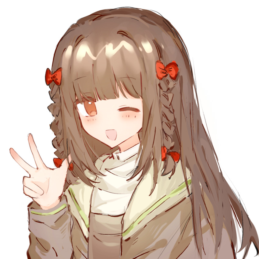 1girl bow braid brown_hair brown_jacket brown_vest hair_bow hand_up highres jacket jiekuijiangshadaonijiamenkou kitanai_kimi_ga_ichiban_kawaii long_hair long_sleeves one_eye_closed open_clothes open_jacket open_mouth portrait red_bow red_eyes sezaki_airi shirt simple_background smile solo twin_braids v vest white_background white_shirt