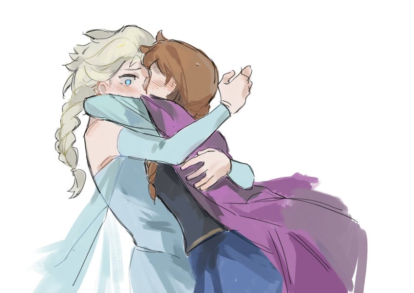 2girls anna_(frozen) blonde_hair blue_dress blue_eyes blue_skirt blush braid brown_hair cape commentary dress elsa_(frozen) english_commentary freckles frozen_(disney) highres incest kiss long_sleeves multiple_girls purple_cape siblings simple_background single_braid sisters skirt white_background xuanqing227 yuri