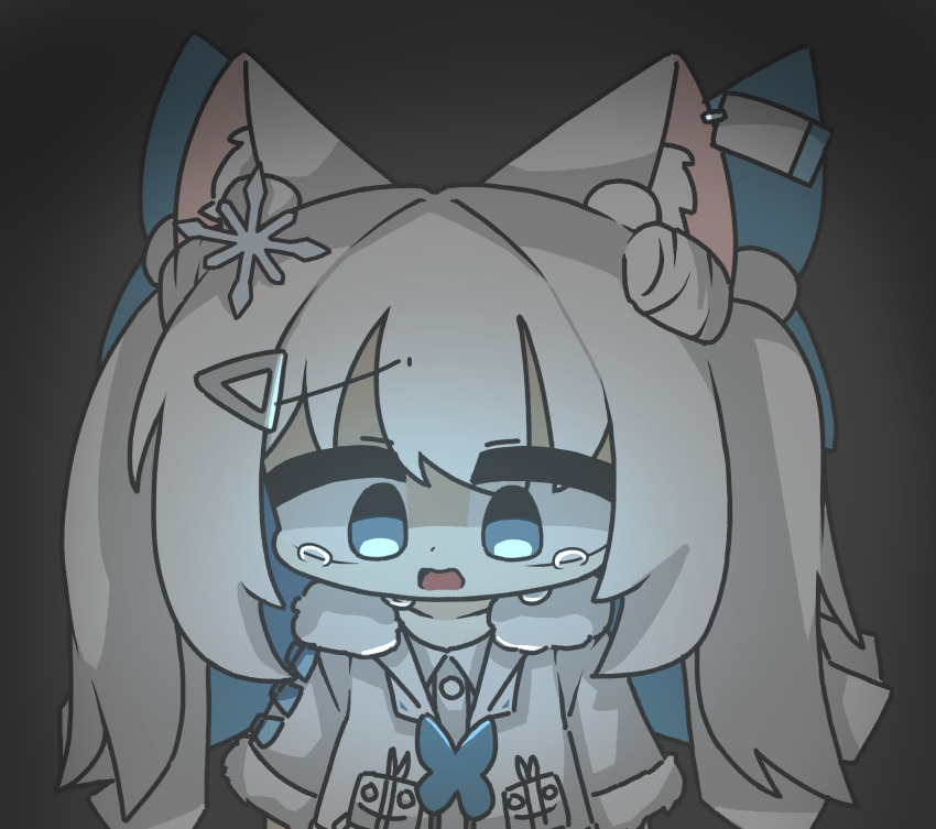 1girl absurdres animal_ear_fluff animal_ears blue_eyes butterfly_hair_ornament chibi double_bun fake_animal_ears fur-trimmed_sleeves fur_trim goddess_of_victory:_nikke hair_between_eyes hair_bun hair_ornament highres hood hooded_jacket jacket long_hair n102_(miracle_fairy)_(nikke) n102_(nikke) official_alternate_costume paperbox_110 short_sleeves short_twintails solo tearing_up twintails white_hair white_jacket