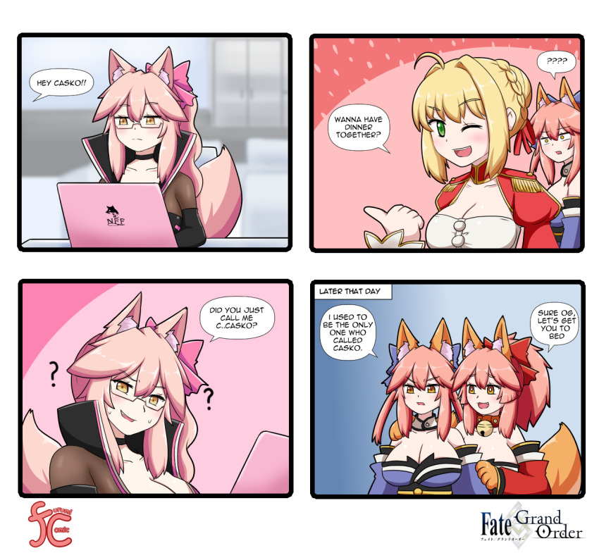 4girls 4koma ? ahoge animal_collar animal_ear_fluff animal_ears animal_hands artist_logo bare_shoulders bell black_bodysuit blonde_hair blue_background blue_bow blue_kimono blush bodysuit bow braid breasts bright_pupils chair cleavage collar collarbone comic commentary confused copyright_name detached_sleeves elbow_gloves english_commentary english_text epaulettes fate/extra fate/grand_order fate_(series) fox_ears fox_girl fox_tail french_braid gloves gradient_background green_eyes hair_bow hair_ribbon hand_on_another&#039;s_shoulder high_collar highres indoors japanese_clothes jingle_bell keita_naruzawa kimono koyanskaya_(assassin)_(first_ascension)_(fate) koyanskaya_(fate) large_breasts logo looking_at_another looking_at_screen looking_at_viewer meme multiple_girls nero_claudius_(fate) nero_claudius_(fate/extra) notebook obi one_eye_closed open_mouth pink_background pink_bow pink_hair ponytail red_bow red_collar red_kimono red_ribbon ribbon sash semi-rimless_eyewear side_ponytail sidelocks speech_bubble split_ponytail standing sure_grandma_let&#039;s_get_you_to_bed_(meme) sweatdrop table tail tamamo_(fate) tamamo_cat_(fate) tamamo_cat_(first_ascension)_(fate) tamamo_no_mae_(fate) teeth v-shaped_eyebrows yellow_eyes