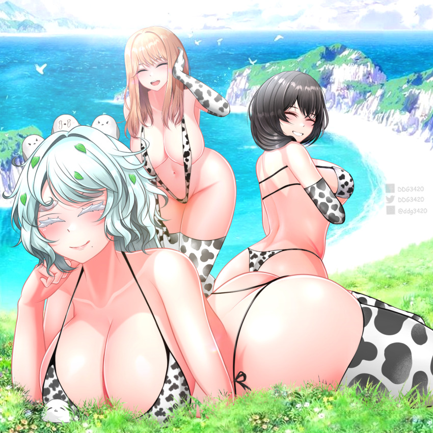 3girls animal_print ass beach bikini breasts butt_crack cleavage closed_eyes cow_print cow_print_bikini d.d.g_(ddg3420) emma_(nikke) eyepatch goddess_of_victory:_nikke grass highres large_breasts light_smile looking_at_viewer mary_(nikke) mature_female multiple_girls print_bikini print_thighhighs self-upload slingshot_swimsuit swimsuit thighhighs thighs trina_(nikke)