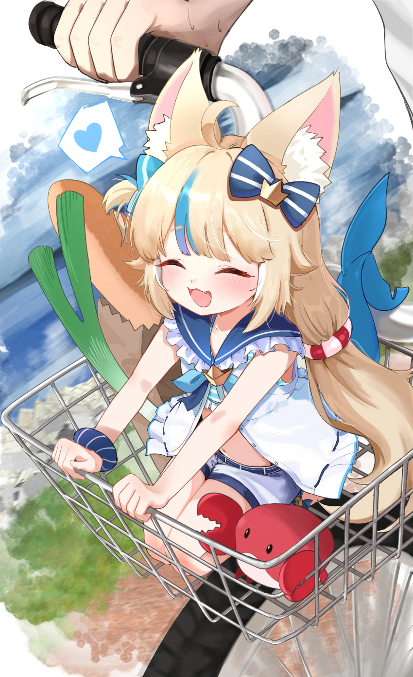 1girl absurdres animal_ear_fluff animal_ears blue_hair closed_eyes commentary english_commentary heart highres indie_virtual_youtuber kaniki_(sameko_saba) knbd long_hair multicolored_hair sailor_collar sameko_saba shopping_cart spoken_heart streaked_hair tail virtual_youtuber