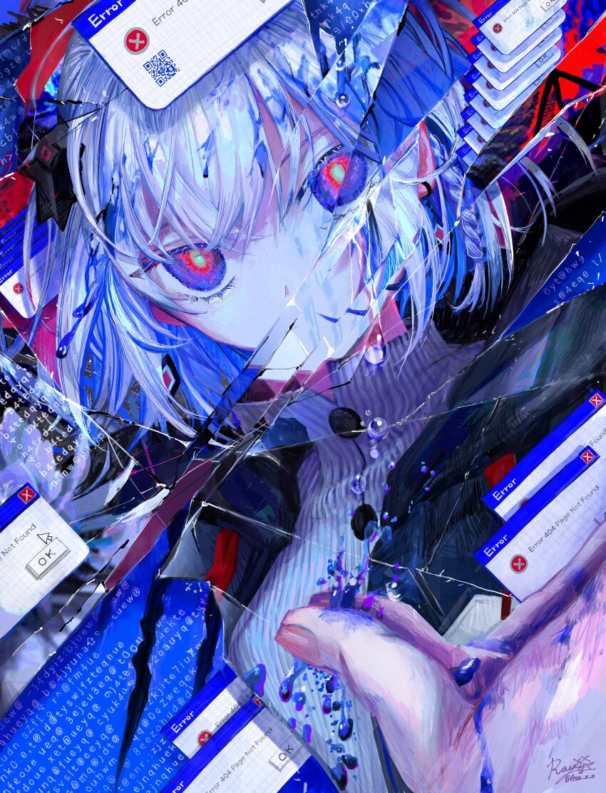 1girl 404 absurdres aqua_pupils black_jacket blood blood_in_hair blue_blood blue_eyes blue_hair blue_screen_of_death braid broken_mirror buttons cevio colored_inner_hair crossed_bangs cursor diamond_earrings earrings error_message floating_hair hair_ornament high_collar highres http_status_code jacket jewelry kamitsubaki_studio lowe_410 mirror cursor multicolored_eyes multicolored_hair open_clothes open_jacket pov qr_code red_eyes rime_(cevio) short_hair side_braid signature solo sweater water_drop white_hair white_sweater window_(computing)