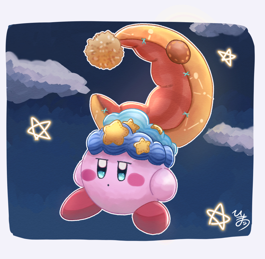 ._. 1other absurdres blue_eyes blush_stickers cloud crescent crescent_moon deep_sleep_kirby hat highres kirby kirby_(series) kirby_and_the_forgotten_land moon night nightcap nintendo pom_pom_(clothes) rd4o9 sleep_kirby sleepy star_(symbol)