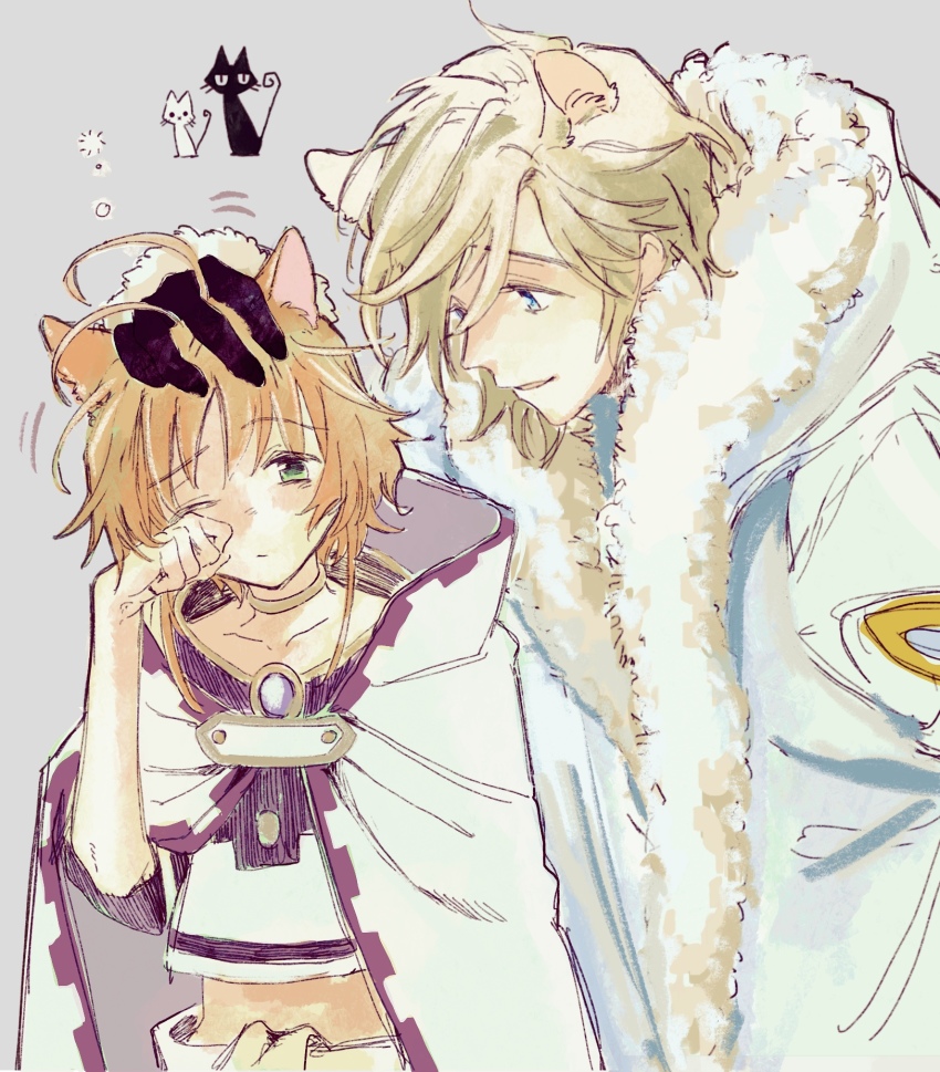 1boy 1girl antenna_hair blonde_hair blue_eyes brown_hair coat collarbone crop_top fai_d._flowright fur-trimmed_coat fur_trim green_eyes grey_background hair_between_eyes highres kemonomimi_mode koyomania midriff one_eye_closed petting sakura_hime short_hair sidelocks sketch sleepy stomach tsubasa_chronicle upper_body white_coat