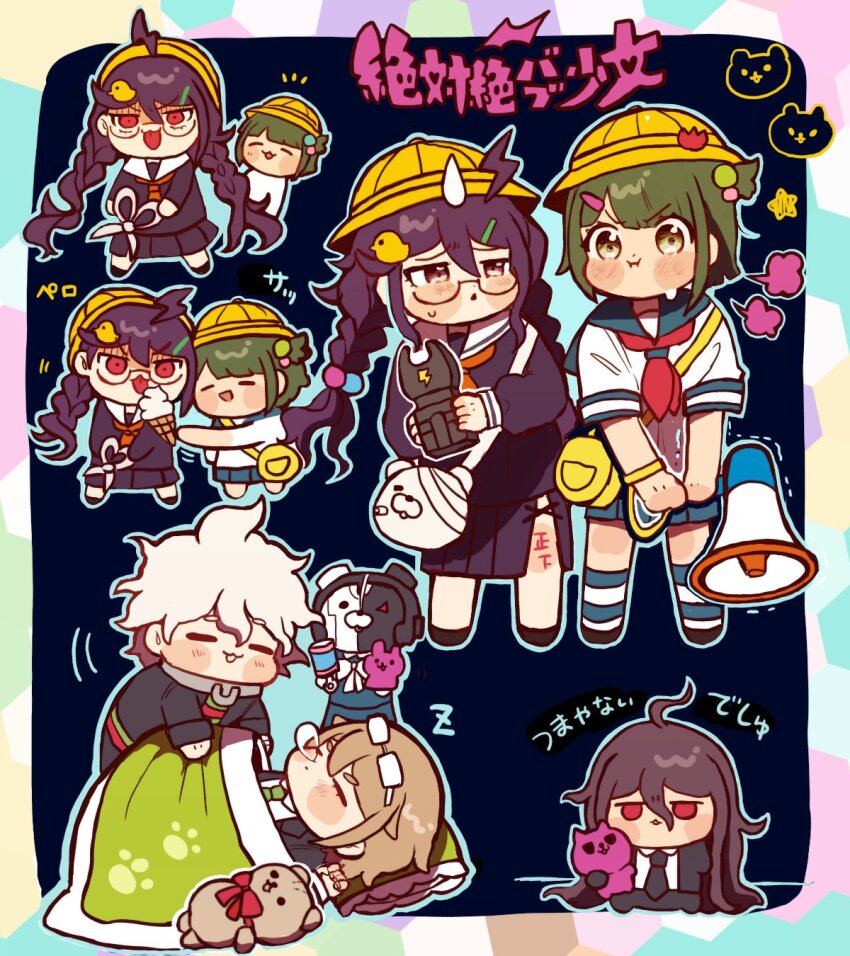 2girls 3boys aged_down ahoge black_serafuku chibi closed_eyes commentary danganronpa_(series) danganronpa_2:_goodbye_despair danganronpa_another_episode:_ultra_despair_girls duck_hair_ornament fukawa_toko funya_(nekokaitaia) glasses green_hair grey_hair highres holding holding_megaphone jimiko kamukura_izuru komaeda_nagito long_hair megaphone monokuma multiple_boys multiple_girls open_mouth school_uniform scissors serafuku sleeping stuffed_animal stuffed_toy sweatdrop symbol-only_commentary tally taser teddy_bear togami_byakuya translation_request under_covers white_bag white_hair white_serafuku yellow_bag