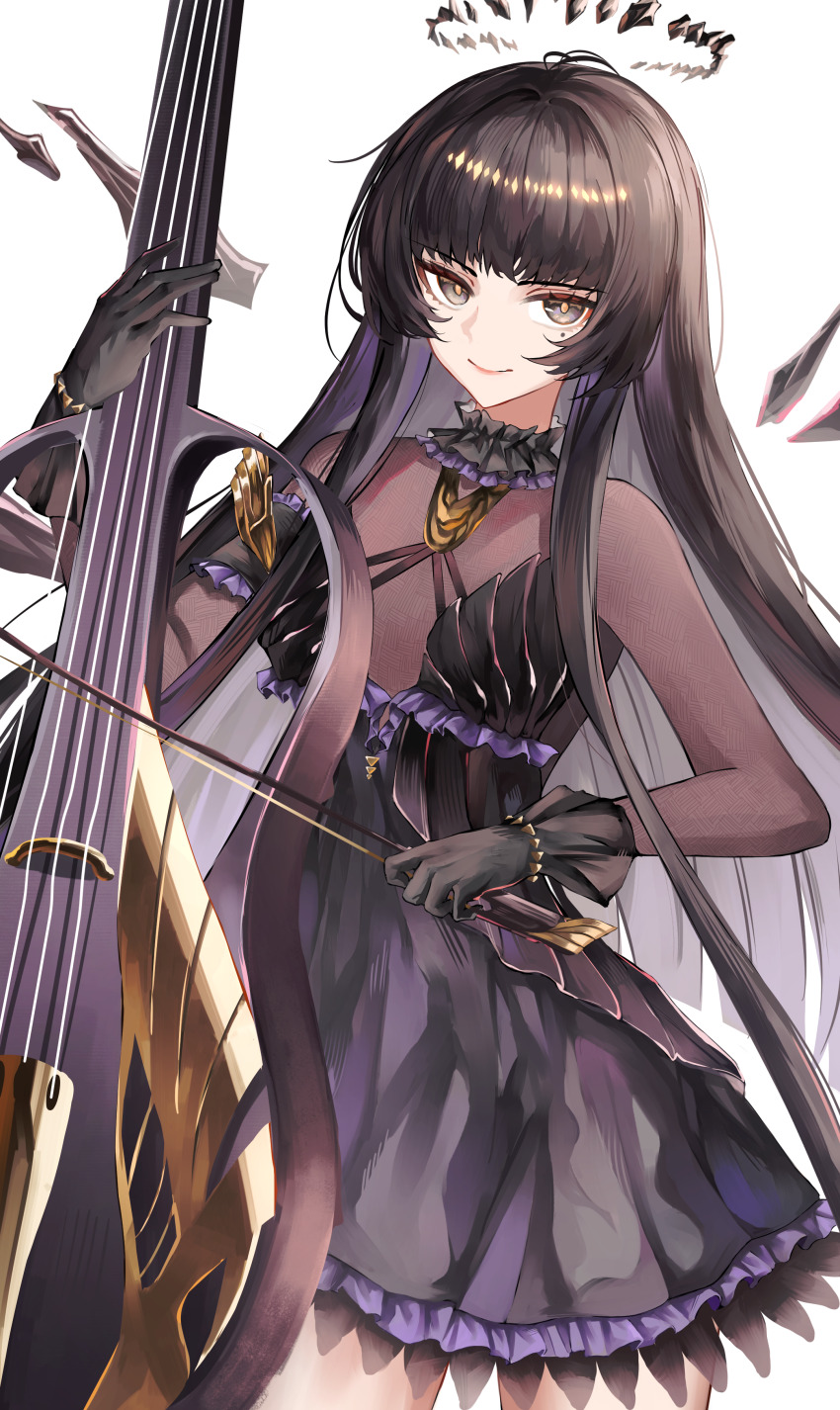1girl absurdres arknights black_dress black_eyes black_gloves black_hair black_halo black_wings bow_(music) breasts cello detached_wings dress gloves halo highres holding holding_bow_(music) instrument looking_at_viewer music official_alternate_costume playing_instrument puranetto_(vjun4748) simple_background small_breasts smile solo virtuosa_(arknights) virtuosa_(diversity_oneness)_(arknights) white_background wings