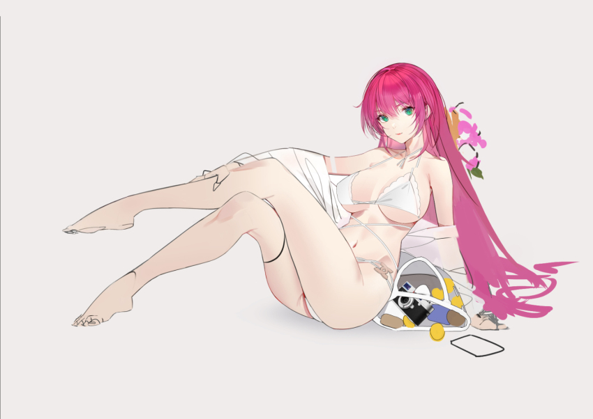 1girl ass azur_lane bare_legs barefoot beige_background bikini breasts feet full_body green_eyes large_breasts long_hair looking_at_viewer lying multi-strapped_bikini navel pink_hair plumw simple_background sketch smile solo string_bikini surcouf_(azur_lane) surcouf_(loisirs_balneaires)_(azur_lane) swimsuit toes unfinished very_long_hair white_bikini