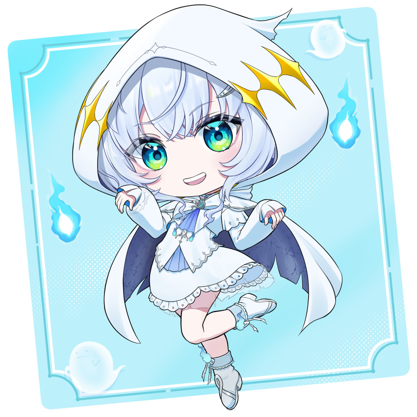 1girl :d absurdres ascot blue_ascot blue_background blue_eyes blue_fire blush boots briareos cape chibi chibi_only commentary_request dress fire frilled_dress frills full_body ghost highres hitodama hood hood_up hooded_cape kasukane_shino large_variant_set looking_at_viewer nanashi_inc. open_mouth short_hair smile solo standing standing_on_one_leg variant_set virtual_youtuber white_background white_boots white_cape white_dress white_hair