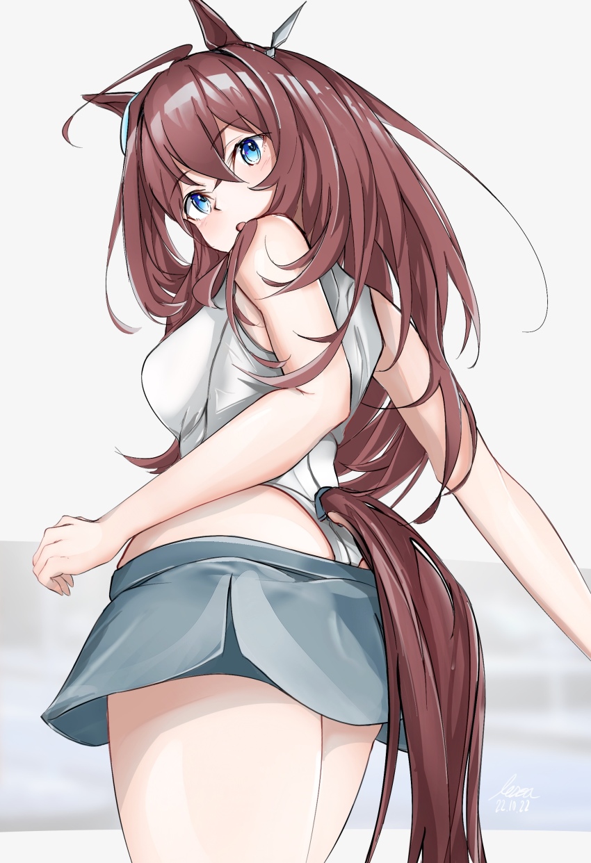1girl absurdres ahoge animal_ears ass bare_shoulders blue_eyes brown_hair clothing_cutout dated from_behind from_below grey_leotard hair_between_eyes headgear highres horse_ears horse_girl horse_tail leotard lesoa long_hair looking_at_viewer mihono_bourbon_(umamusume) miniskirt signature skirt sleeveless solo tail tail_through_clothes umamusume white_leotard