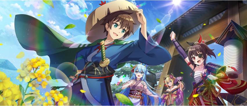 1boy 3girls :d apron aqua_(konosuba) architecture arm_garter arm_up armor armpit_crease bare_shoulders black_sash blonde_hair blue_eyes blue_hair blue_kimono blue_sky breasts brown_hair cape chest_sarashi cleavage clenched_hand closed_mouth cloud cloudy_sky collarbone darkness_(konosuba) day east_asian_architecture edo_jidai eyepatch falling_leaves falling_petals floral_print floral_print_kimono flower from_below game_cg green_cape green_eyes hadanugi_dousa hair_between_eyes hair_ornament hair_rings hair_stick hair_up hand_fan hand_on_headwear hand_on_own_hip highres holding holding_fan japanese_armor japanese_clothes kanzashi katana kimono kono_subarashii_sekai_ni_shukufuku_wo! konosuba!_fantastic_days kote kurokote large_breasts leaf light_blush long_hair looking_at_another looking_back megumin multicolored_kimono multiple_girls obi obidome obijime official_alternate_costume official_alternate_hairstyle official_art open_kimono open_mouth outdoors petals pink_kimono ponytail print_kimono purple_kimono red_eyes red_kimono rope_belt sandogasa sarashi sash satou_kazuma sheath sheathed short_hair short_hair_with_long_locks short_kimono shoulder_armor sidelocks single_bare_shoulder single_hair_ring single_sode sky sleeves_pushed_up small_breasts smile sode sun sunlight sword tasuki teeth upper_teeth_only very_long_hair waist_apron weapon white_apron wide_sleeves wind yellow_flower