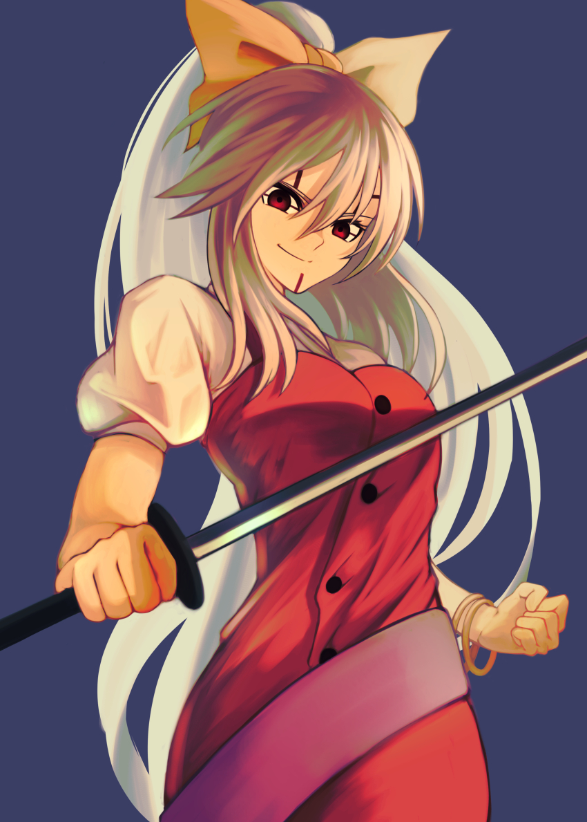 1girl absurdres baby_(dragon_ball) bangle blue_background bow bracelet breasts buttons clenched_hand closed_mouth commentary_request commission corruption cowboy_shot crossover dark_persona dragon_ball dragon_ball_gt dress equality_taira facial_mark foreshortening from_below grey_hair hair_between_eyes hair_bow high_ponytail highres holding holding_sword holding_weapon jewelry katana long_hair looking_at_viewer medium_breasts ponytail possessed possession puffy_short_sleeves puffy_sleeves red_dress red_eyes short_sleeves simple_background skeb_commission smile solo sword toei_animation touhou very_long_hair watatsuki_no_yorihime weapon yellow_bow