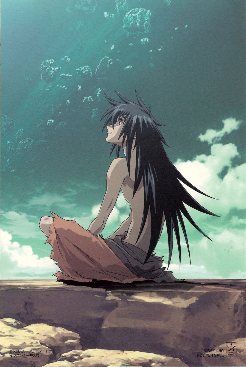 00s 1boy age_(heroic_age) cloud heroic_age highres hirai_hisashi long_hair male_focus official_art scan sitting sky smile solo topless_male xebec