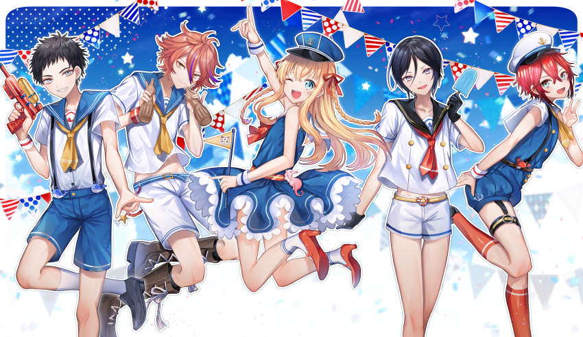10s 5boys :d ;d abandon_ranka aqua_eyes atsushi_toushirou black_gloves black_hair blonde_hair blue_eyes blue_sky boots bottle braid brown_eyes brown_hair crab dress fish food garter_straps gloves gotou_toushirou grey_eyes grin hat high_heels highres kneehighs konnosuke lace-up_boots male_focus midare_toushirou multiple_boys one_eye_closed open_mouth pointing popsicle purple_eyes red_hair red_legwear sailor sailor_dress sailor_hat seahorse shinano_toushirou shorts sky smile socks star_(symbol) string_of_flags suspenders touken_ranbu trap twin_braids water_gun whale white_legwear yagen_toushirou