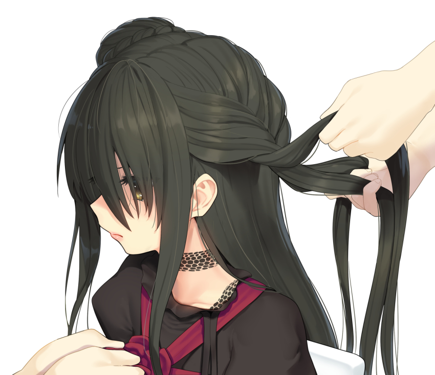 1girl 2others black_hair black_shirt blouse brown_eyes double_bun from_side hair_bun hair_over_one_eye lips long_bangs long_hair multiple_others neck_tattoo ohlia original profile purple_neckwear shirt simple_background snake_tattoo solo_focus tattoo white_background