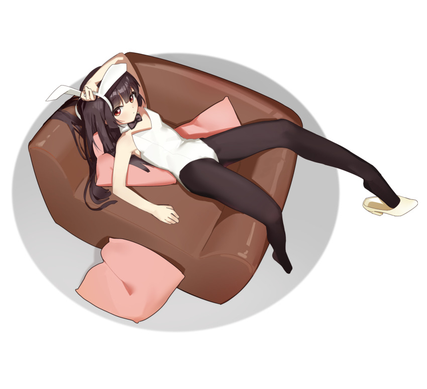 1girl animal_ears bare_shoulders black_hair bow bowtie couch detached_collar full_body high_heels highres keibi_inu leotard long_hair looking_at_viewer lying matsumoto_rise on_couch pantyhose pillow playboy_bunny rabbit_ears red_eyes solo strapless strapless_leotard yuru_yuri