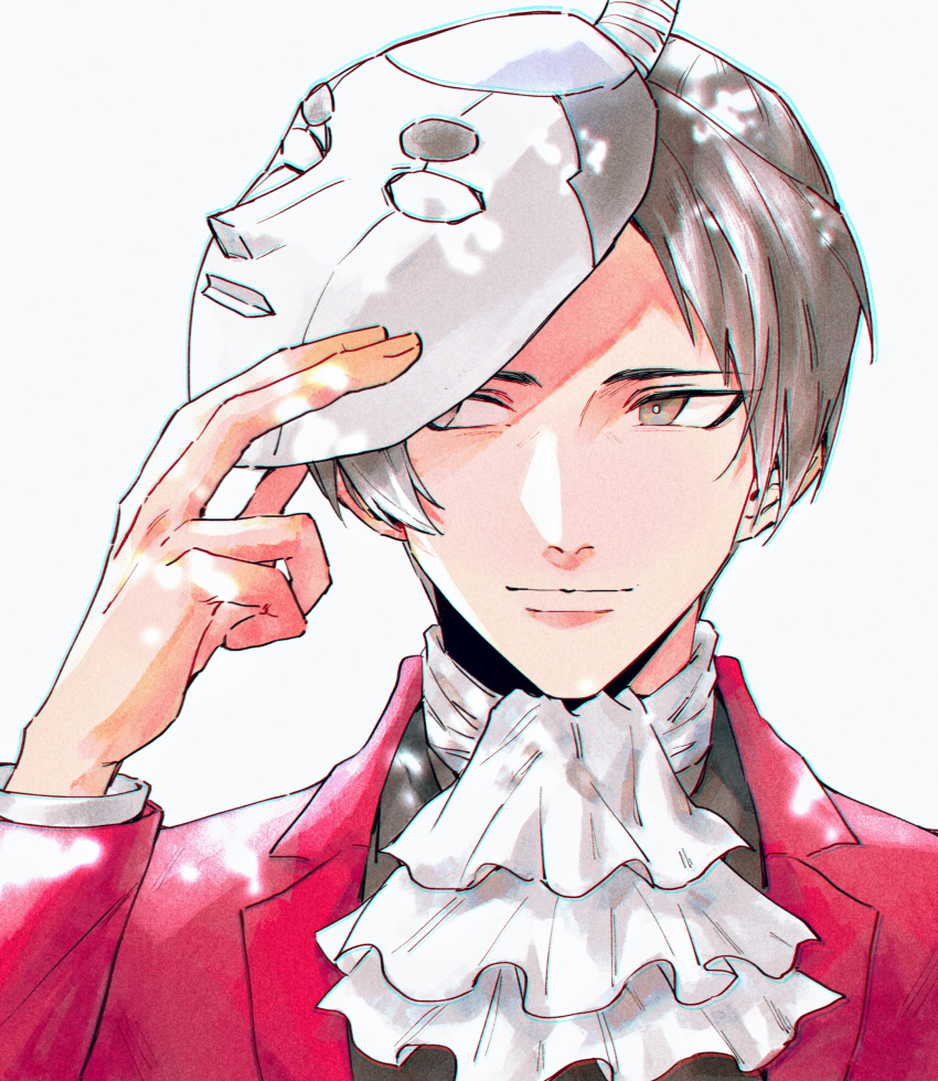 1boy absurdres ace_attorney ako_(eanaaati1) ascot coat dappled_sunlight grey_eyes grey_hair hand_up highres holding holding_mask long_sleeves male_focus mask mask_on_head miles_edgeworth parted_bangs red_coat simple_background smile solo steel_samurai sunlight white_ascot white_background